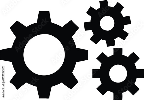 Three Black Gears on Transparent Background Mechanical Design, Simple Isolated Icon