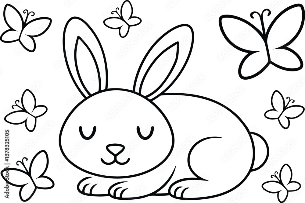 Obraz premium Cute Outline Bunny Surrounded by Butterflies on Transparent BG