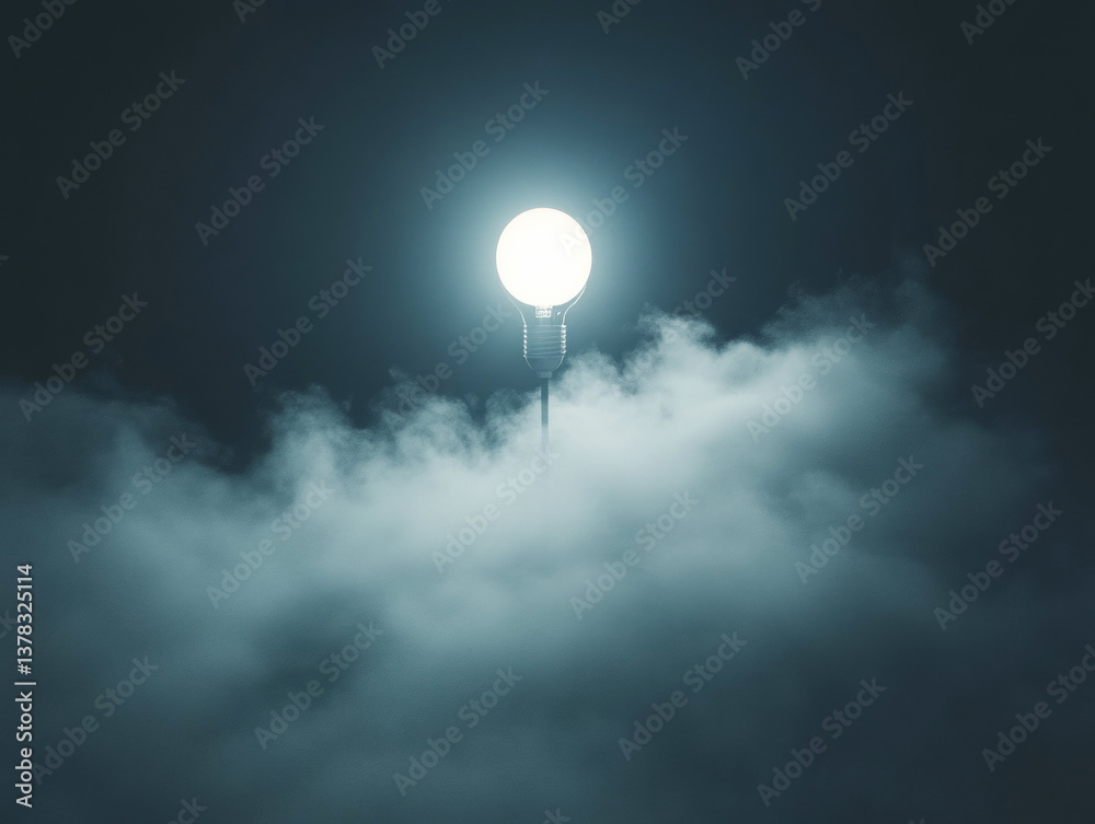 Illuminating moonrise above misty clouds at night sky