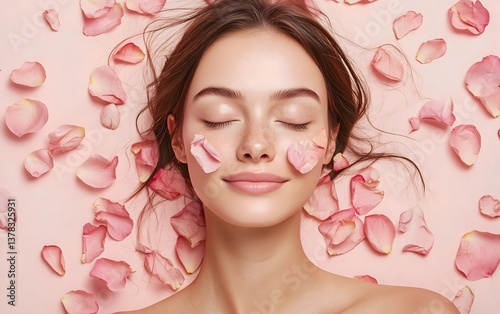 Woman with rose petals on face