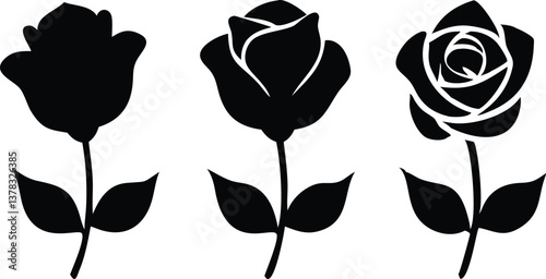 Three Rose Stages Silhouette Icon with Stem and Leaves on Transparent Background