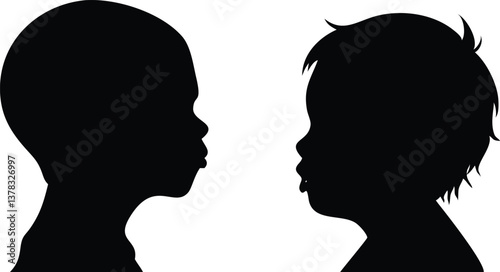 Two Kids Side Silhouette Portraits, Face to Face, Isolated on Transparent Background