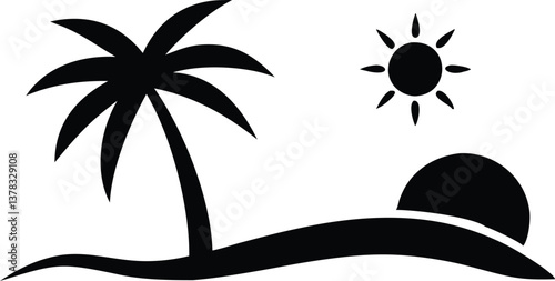 Black Silhouette of Beach with Palm Tree, Ocean Wave, and Sun with Rays Icon
