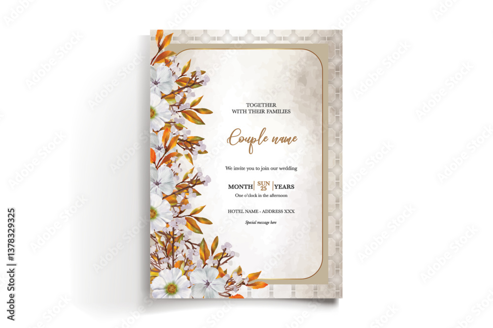 WEDDING INVITATION FRAME WITH FLOWER DECORATIONS AND FRESH LEAVES WEDDING INVITATION FRAME WITH FLOWER DECORATIONS AND FRESH LEAVES