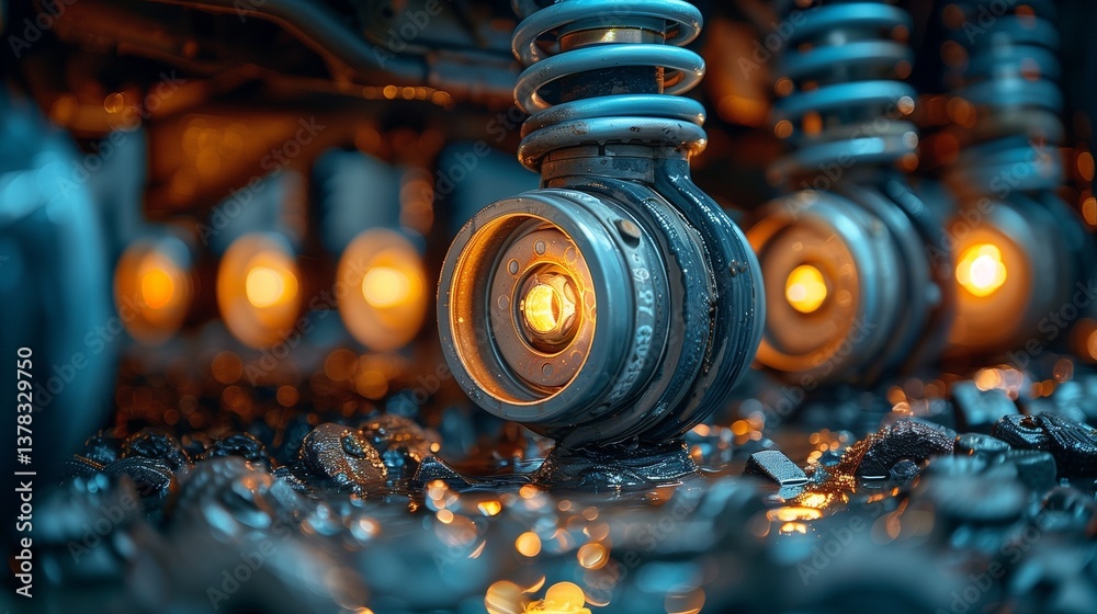 Obraz premium Close-Up View of Motorcycle Suspension with Vibrant Illuminated Details