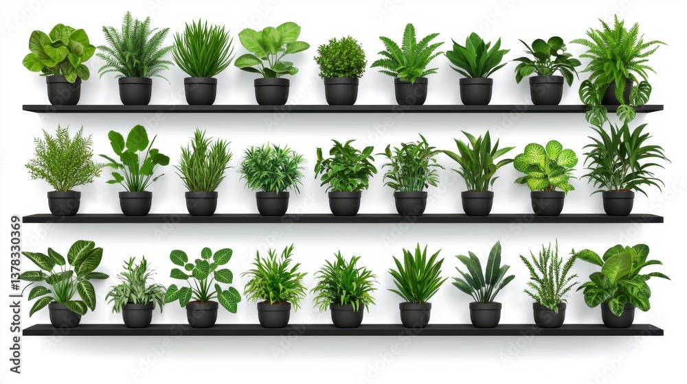 Fototapeta premium Lush Green Potted Plants on Three Shelves Against a White Wall