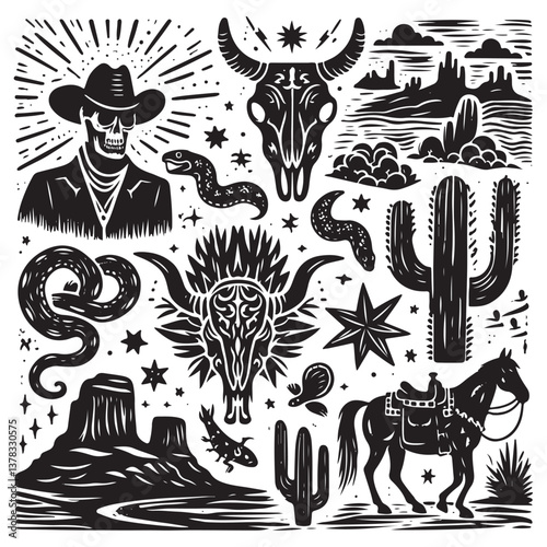 Linocut western boho set vector, Texas desert engraving print collection, vector canyon wildlife, cactus. Texture grunge Arizona rodeo graphics, bull, horse, snake, skull silhouette. 