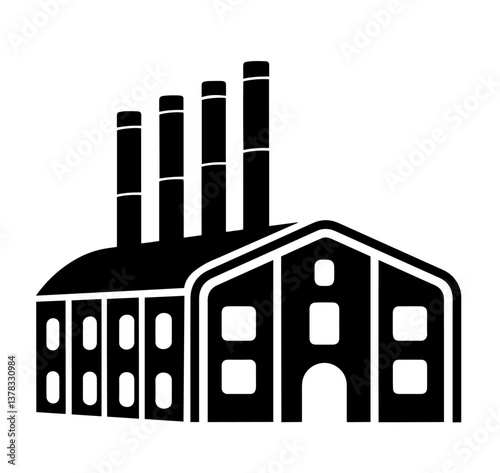 Industrial Factory with Four Tall Chimneys, Rectangular Windows, Arched Doors. Manufacturing, Production, Labor in an Industrial Setting. industrial revolution, plant, raw materials, workforce