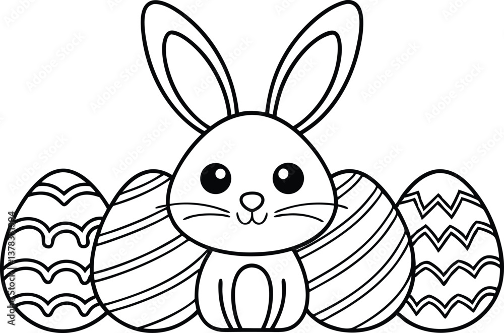 Obraz premium Outline Bunny with Decorated Eggs on Transparent Background, for Kids