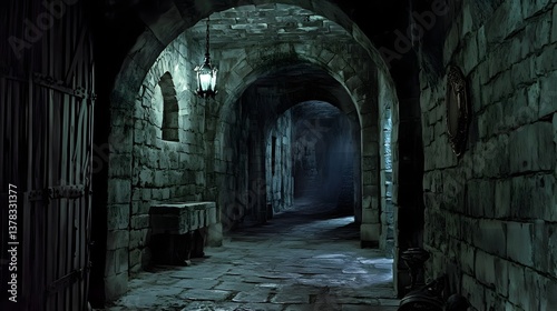 Stone corridor in a medieval castle said to be haunted by a spirit from the past