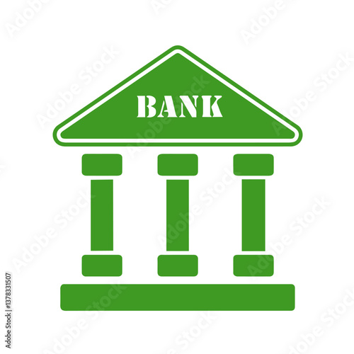 Green Bank Building with Three Columns and Triangular Roof, Financial Institution. Credit Institution, Finance. transaction, financial services, portfolio, banking, loan, savings, bonds, transaction 