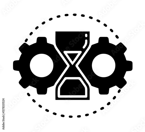 Two Gears with Hourglass in the Middle, Dashed Circle, Representing Fast and Long-Term Functioning System Optimization.  timing system, speed, productivity,  automation system, adaptive, operation