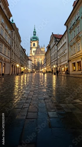 Evening in Prague's historic district with reflections on wet cobblestones and illuminated architecture