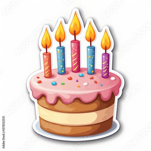 Die cut sticker of birthday cake with candles and sprinkles isolated on white background