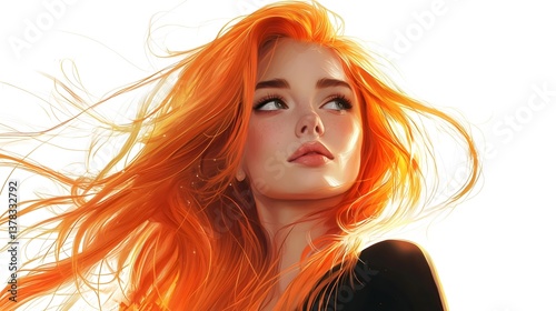 Portrait of a woman with red hair looking up