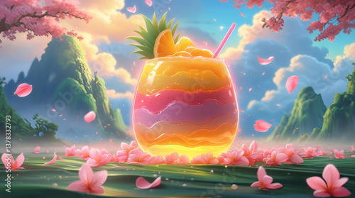 Anime-Style Tropical Smoothie with Sakura and Mountain View