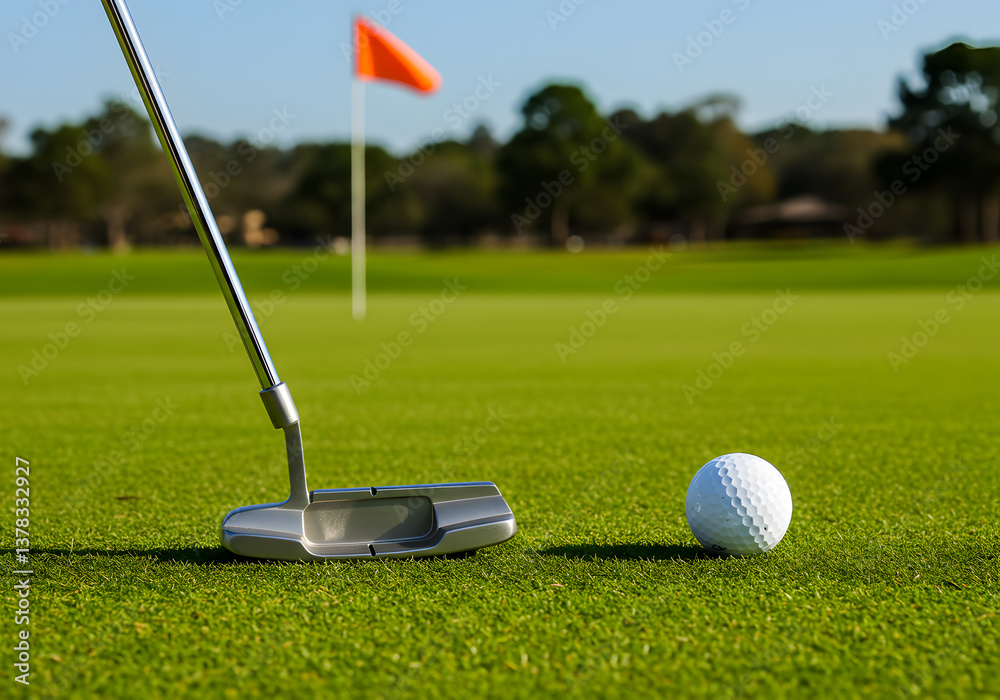 Obraz premium Golf Putter on Green with Golf Ball and Flag in Background