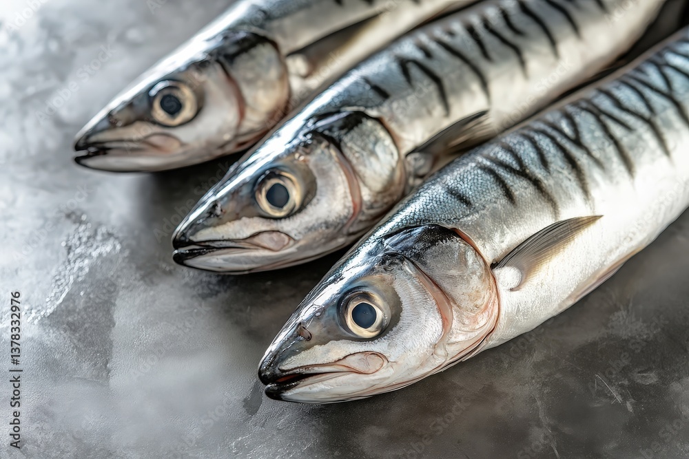 Three Fresh Raw Fish Displayed Neatly on a Gray Surface Three Fresh Raw Fish Displayed Neatly on a Gray Surface