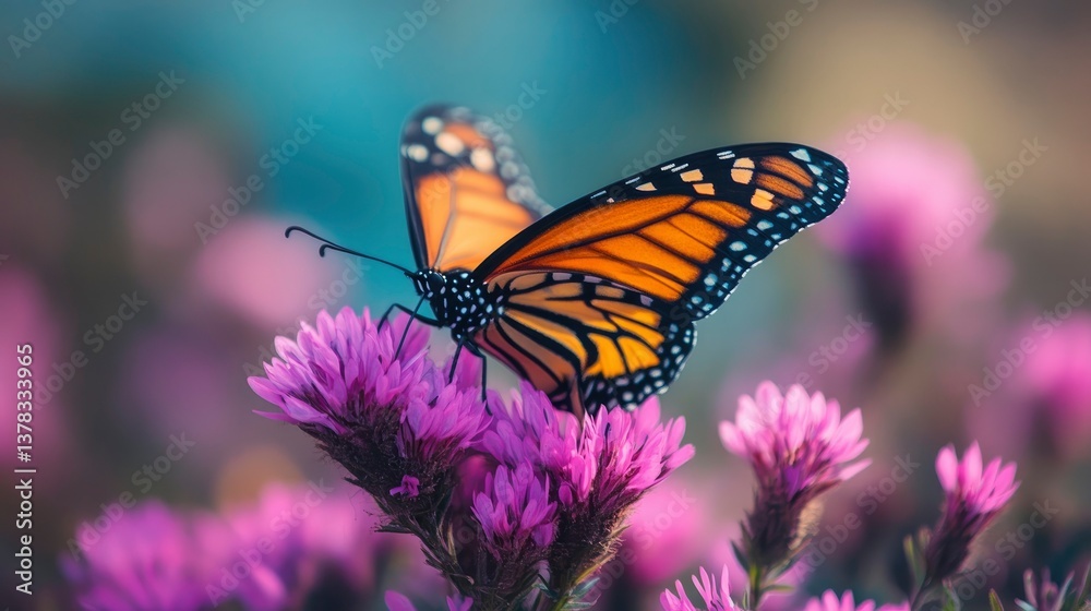Naklejka premium Monarch Butterfly on Purple Flowers in a Vibrant Garden
