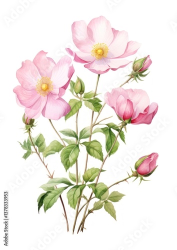 Fototapeta Naklejka Na Ścianę i Meble -  Wild Rose watercolor delicate painting.