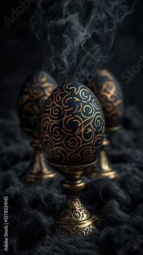 Orthodox Easter eggs with gold labyrinth motifs, brass censer and candles on wool rug, monastic charcoal-gray cultural scene
