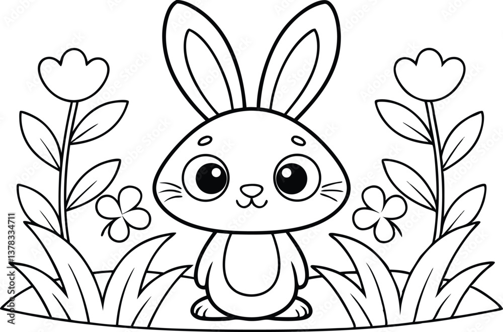 Obraz premium Cartoon Outline Bunny in a Flower Garden with Transparent Background Clipart