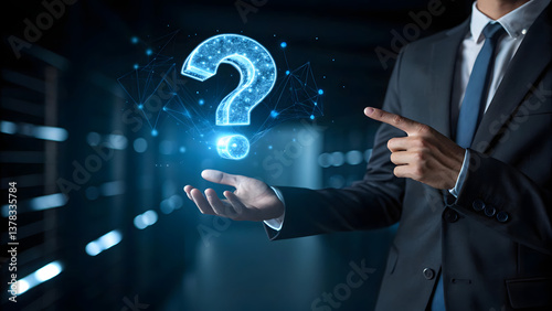 Business Executive Presenting a Holographic Question Mark – AI, Digital Transformation, and Uncertainty