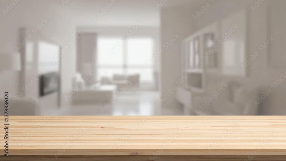 Fototapeta premium table top wooden with blurry background living room open space