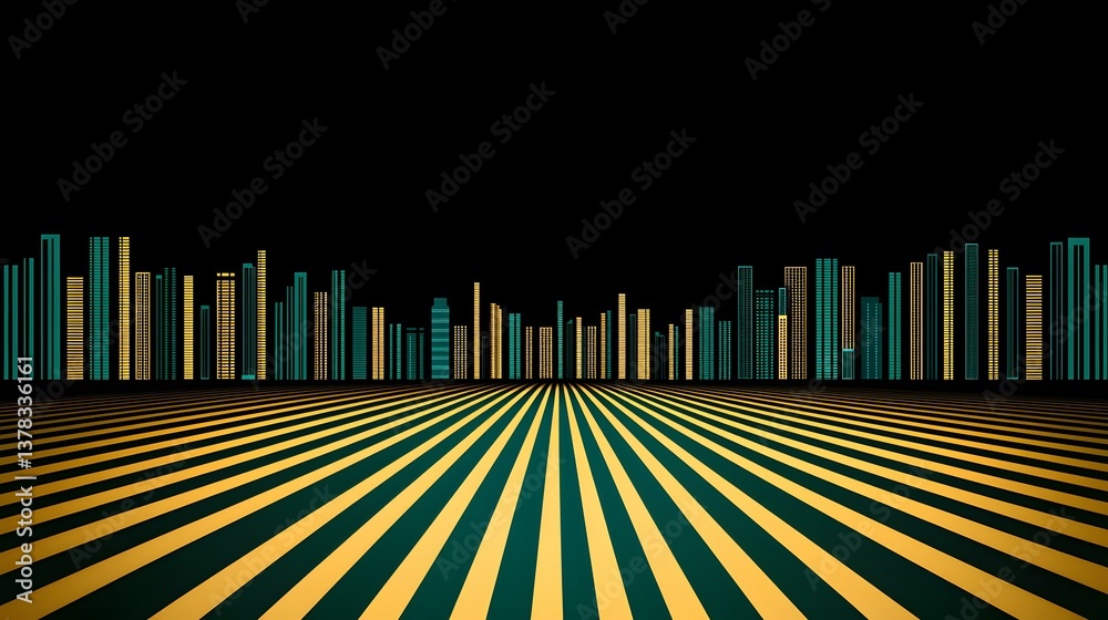 The image contains a stylized cityscape at night, depicted with teal and gold skyscrapers on a black background. The foreground features a converging pattern of gold and dark teal stripes creating a The image contains a stylized cityscape at night, depicted with teal and gold skyscrapers on a black background. The foreground features a converging pattern of gold and dark teal stripes creating a