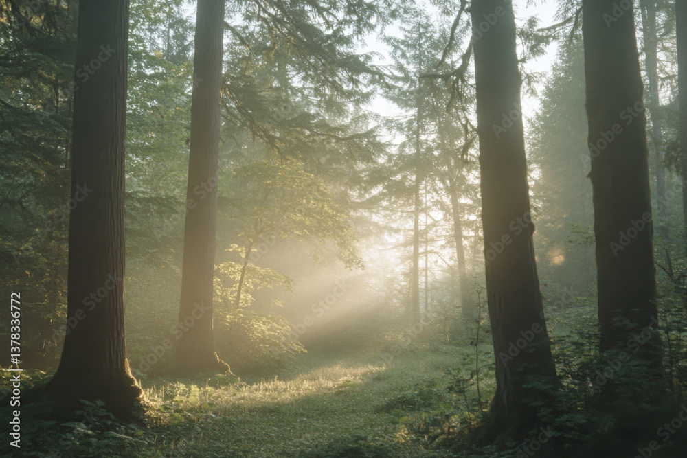 Obraz premium Sunbeams filtering through fog in lush forest