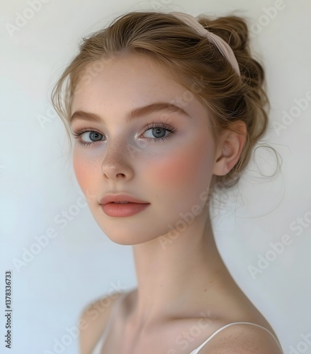 Portrait of a young woman with fair skin and blue eyes