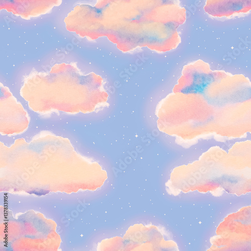 Soft pastel clouds against a gentle blue sky create a dreamy atmosphere filled with tranquility and imagination