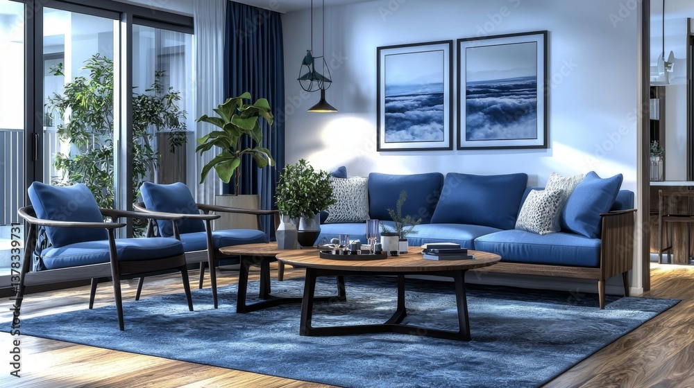 Fototapeta premium Cozy living space with a wooden sofa and table.