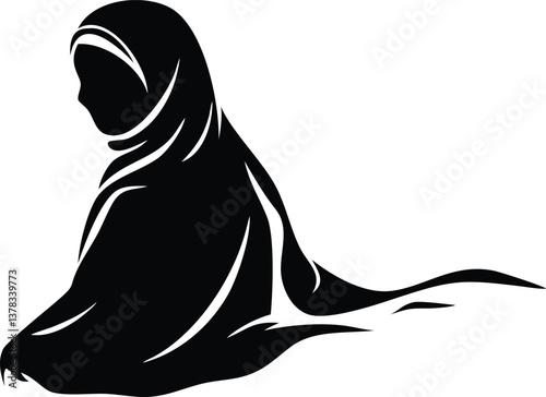 Minimalist Silhouette Muslim Woman Praying with Hijab on Transparent Background