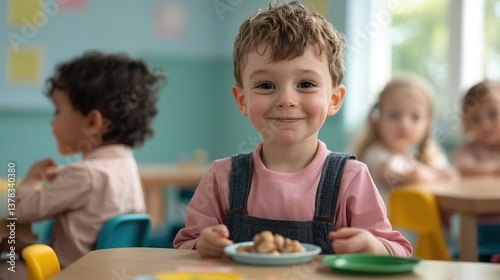 Delightful snack time preschooler enjoying treats classroom candid photo cheerful atmosphere close-up childhood joy
