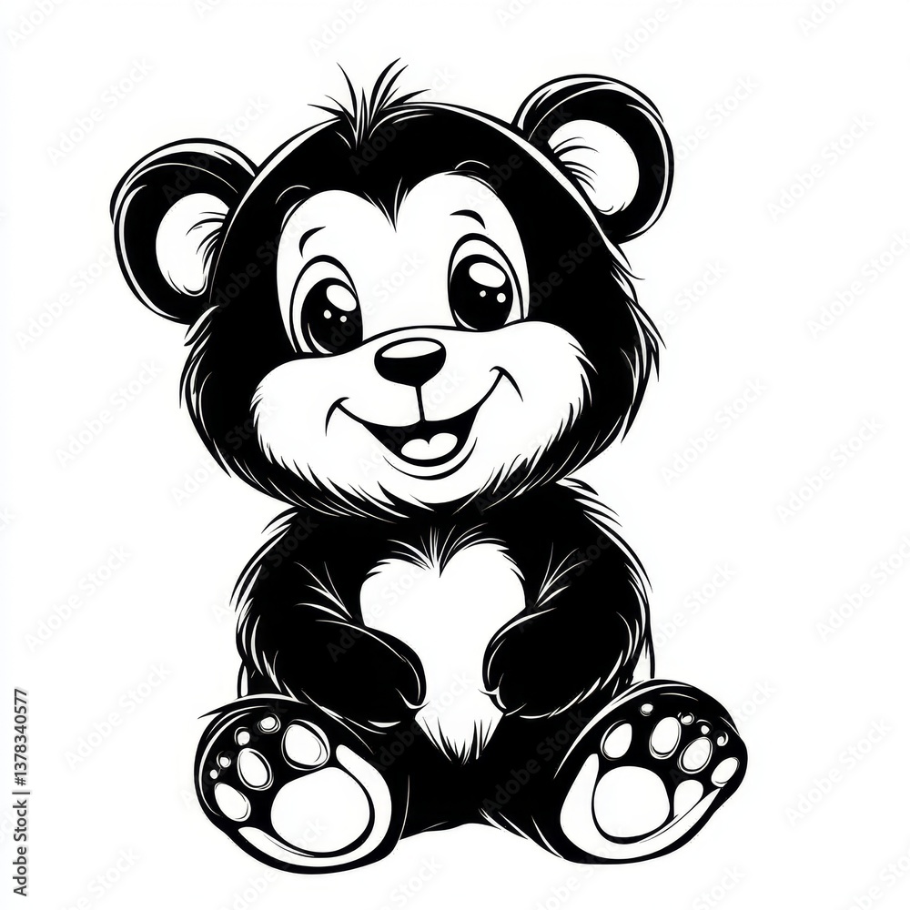 Obraz premium Outline of a cute black silhouette bear smiling against a white background. 