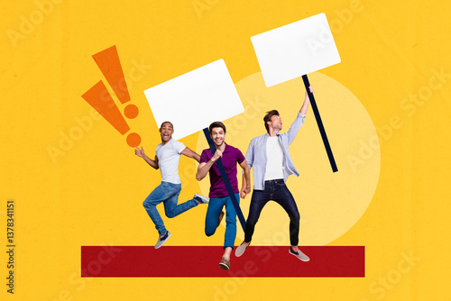 Sketch composite 3D photo collage trend artwork of three young man smile hand hold placard picket resources vote democracy opinion leader