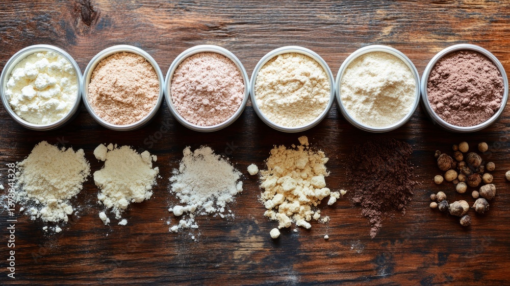 Assortment of Flours and Powders in Small Metal Containers on Wooden Background Assortment of Flours and Powders in Small Metal Containers on Wooden Background