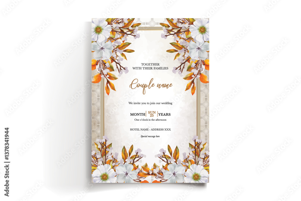 WEDDING INVITATION FRAME WITH FLOWER DECORATIONS AND FRESH LEAVES WEDDING INVITATION FRAME WITH FLOWER DECORATIONS AND FRESH LEAVES