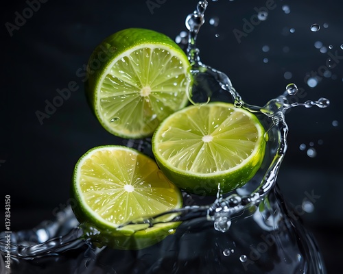 Close-up view of three lime slices plunging into water, creating vibrant splashes and water droplets.