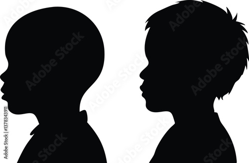 Silhouette Portrait Two Young Boys in Profile View on White Background