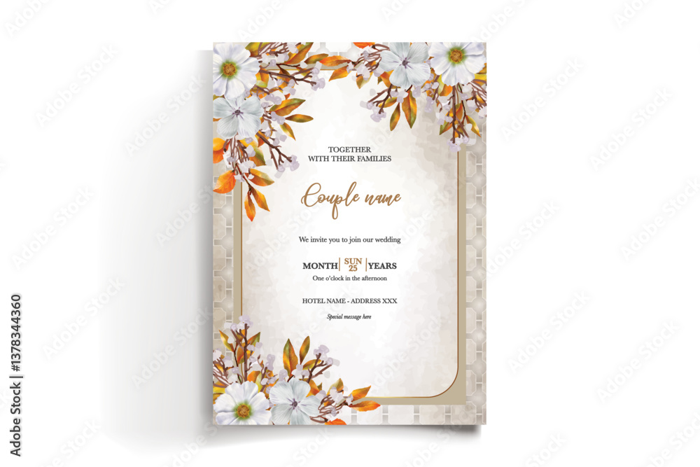 WEDDING INVITATION FRAME WITH FLOWER DECORATIONS AND FRESH LEAVES WEDDING INVITATION FRAME WITH FLOWER DECORATIONS AND FRESH LEAVES