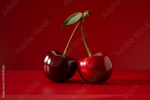 Pair Of Fresh,Red Cherries On A Red Background,Still Life Composition,Closeup Studio Shot