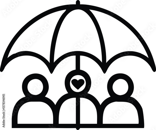 Three Figures Under Umbrella with Heart Outline Icon in Minimalist Style