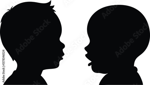 Twin Baby Silhouettes Talking with Tongues Out on Transparent Background