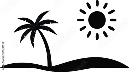 Tropical with Palm Tree, Black Beach and Sun Isolated on White