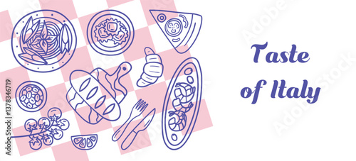 Italian cuisine doodle with pasta, pizza, bread, tomatoes and seafood. Hand-drawn food illustration with checkered background. Great for menus, packaging, posters, or branding.