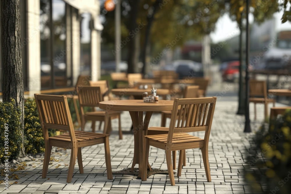 Fototapeta premium Outdoor wooden tables and chairs set in a sunny café setting with greenery around