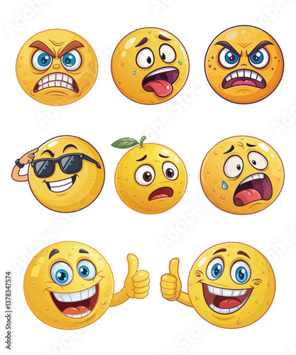 Set of cartoon smiley faces with various emotions and expressions including happy, sad, and angry icons in yellow, perfect for fun and colorful illustrations