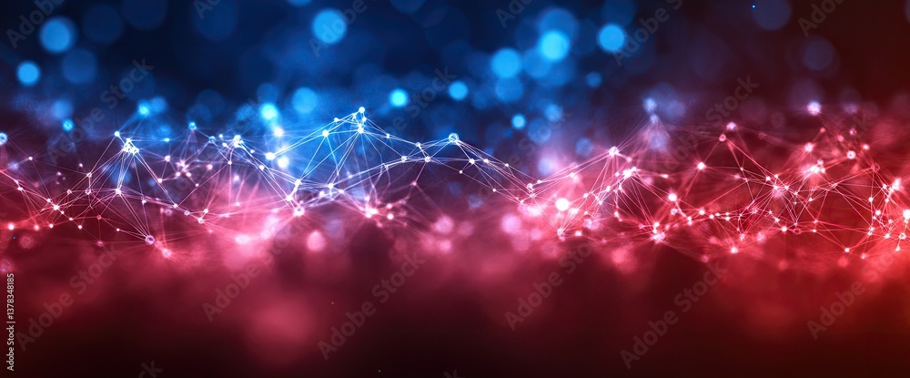Obraz premium Abstract network of interconnected dots with red and blue bokeh lights background
